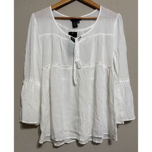 Papillon Women's Blouse Top 3/4 Bell Sleeve White Cottagecore M Keyhole